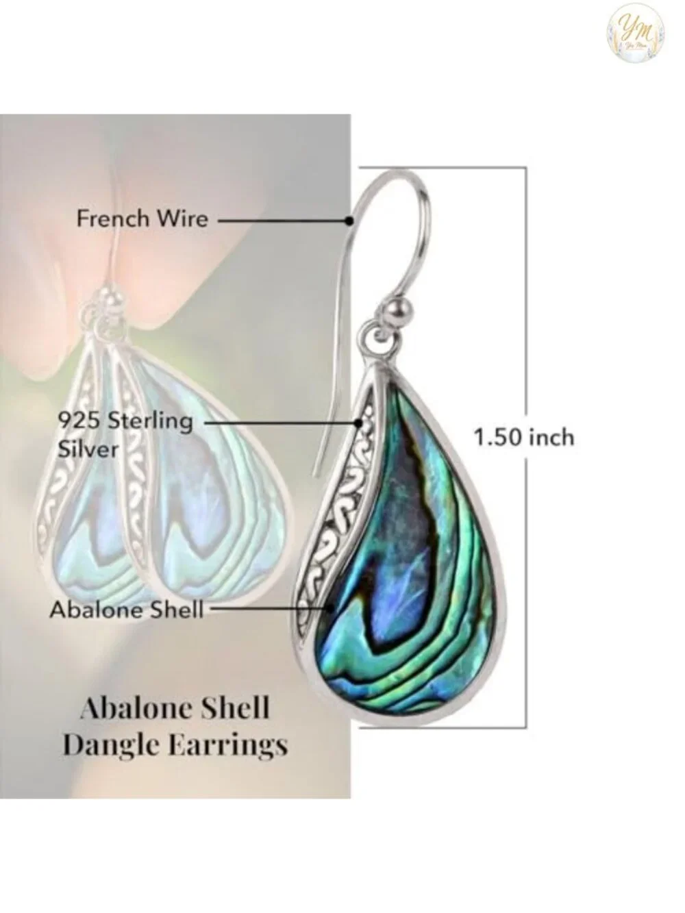 925 Sterling Silver Abalone Shell Dangle Earrings Women Boho Coastal Fishhook